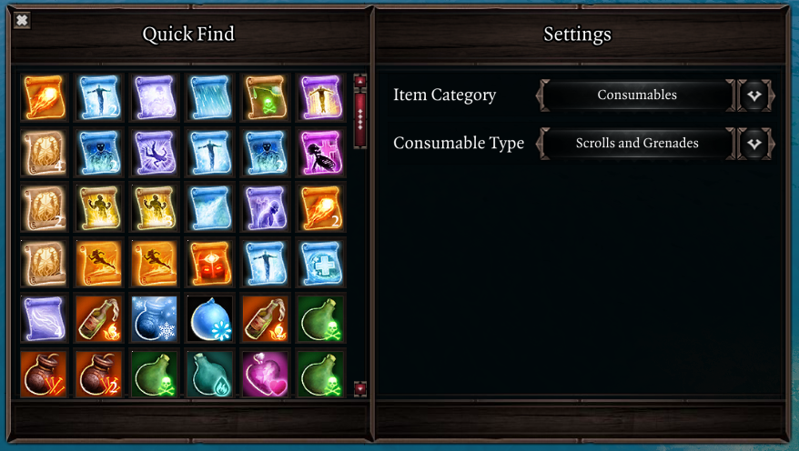 Quick Find showing consumables.