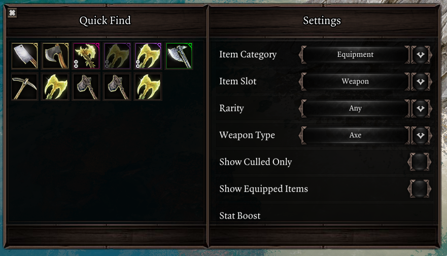 Quick Find showing equipment with multiple filters set.